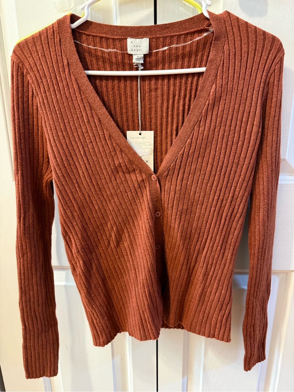 Women's Fine Gauge Ribbed Cardigan - A New Day™ Brown Size Med - Picture 3 of 9